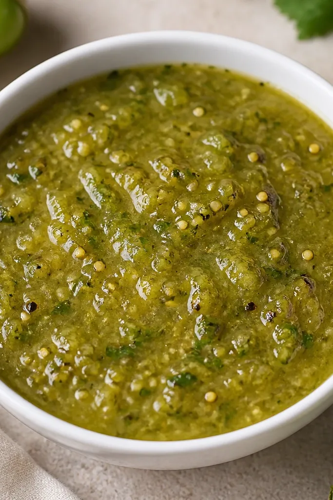 A white shallow bowl filled with thick salsa verde. The top surface looks glossy and slightly textured, with visible tiny tomatillo seeds and small green pepper flecks. A few dark char specks show near the edges.