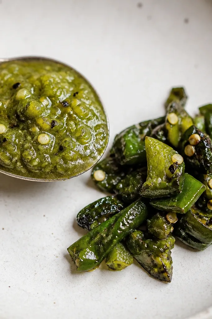 A spoonful of salsa verde next to a small pile of chopped roasted jalapeño and serrano. You can see lighter green flecks and darker green flecks mixed together, with a few tiny seeds and char bits.