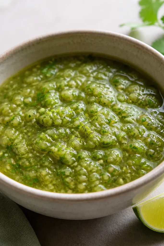 A bowl of salsa verde with tiny bright green highlights and a few lime zest specks. A lime wedge sits on the side, and the salsa surface looks fresh and slightly lighter around the edges.