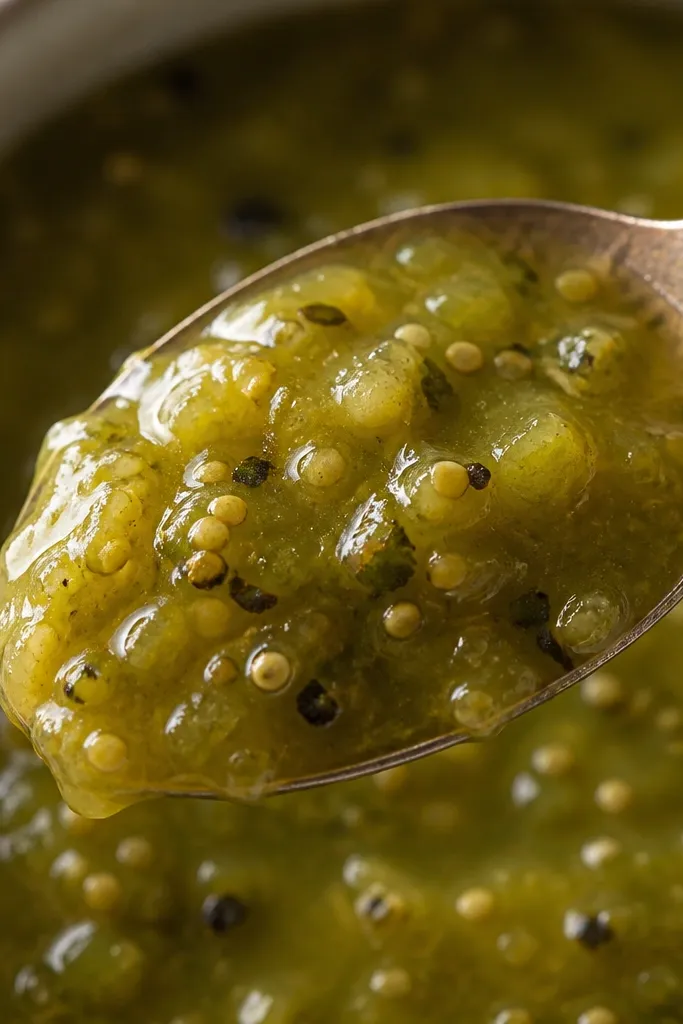 Close-up spoon shot showing salsa verde with visible tomatillo seeds and small softened tomatillo skins. The texture looks thick and spoon-coating, with tiny dark roasted bits.