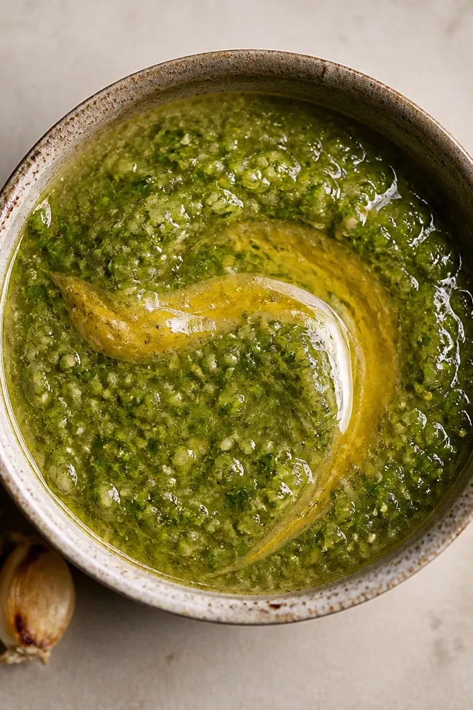 Salsa verde with a light golden streak running through it, like a swirl. The streak looks smooth and glossy, contrasting with the green base. A few roasted garlic cloves are visible on the side.