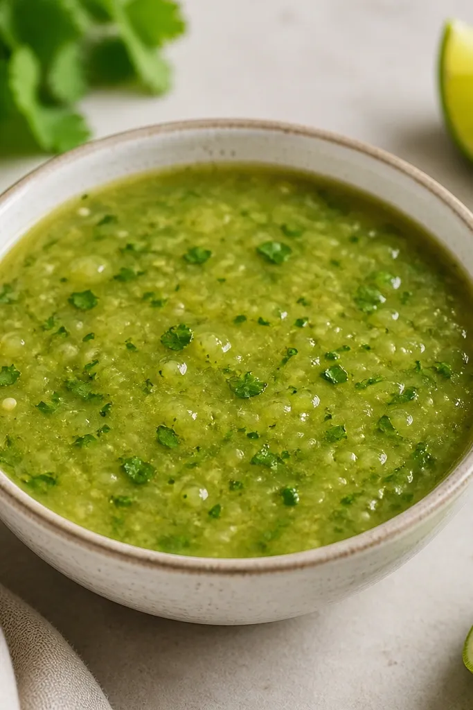 Salsa verde dotted with small green herb flecks. Cilantro looks like tiny feathery pieces; parsley looks slightly flatter. The surface is speckled, not blended into a uniform color.
