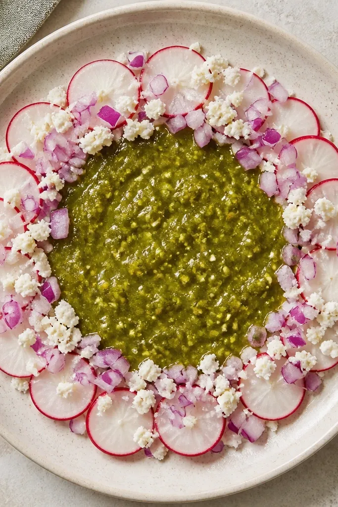 A plate where salsa verde sits in the center. Around it is a border of thinly sliced radish, chopped red onion, and a few crumbled cotija. The toppings create a color ring around the green.