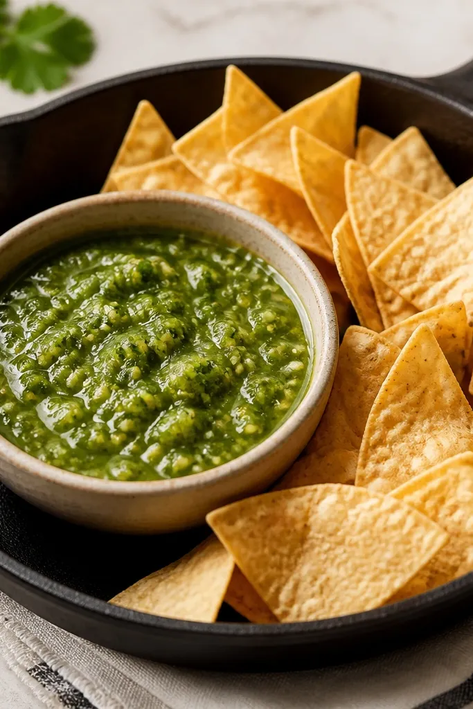 Salsa verde served in a small bowl sitting on a warm cast-iron skillet. The salsa looks brighter where it touches warmth. Chips are arranged along one side of the skillet.