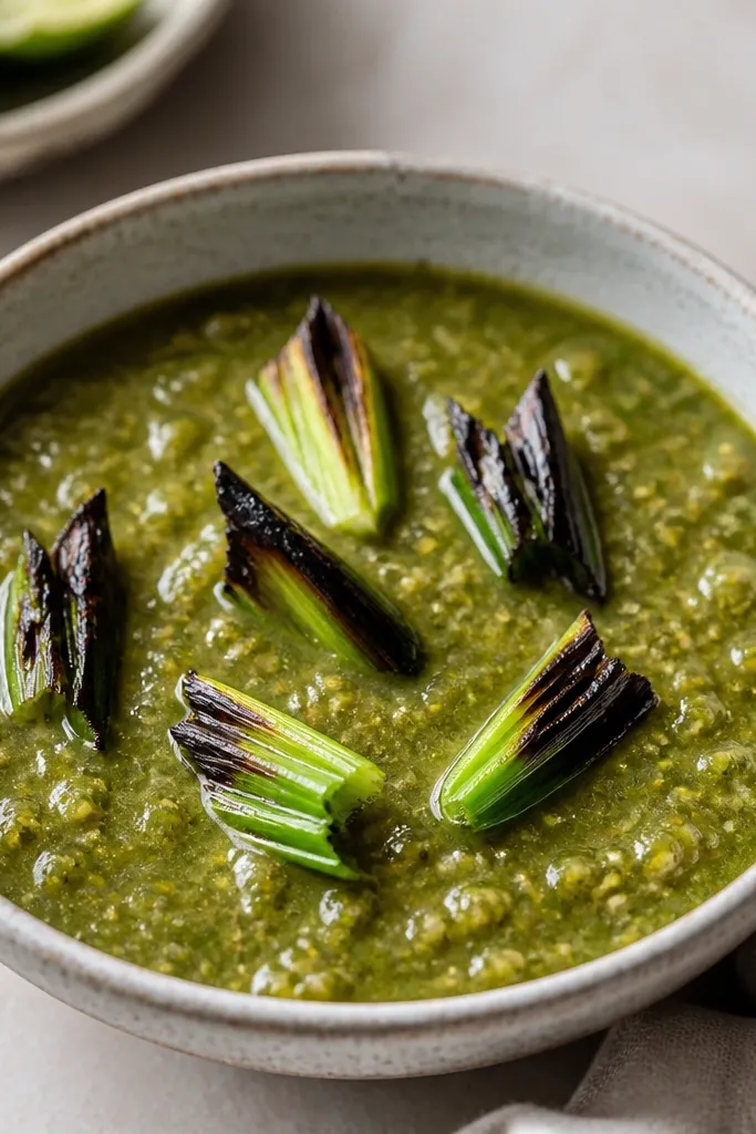 Salsa verde with a few charred scallion pieces on top. The scallions are dark at the edges and bright green in the center, sitting like little flags over the sauce.
