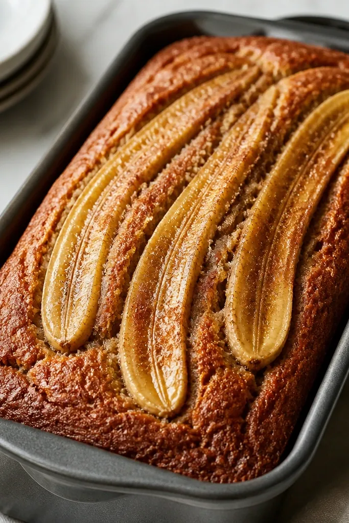 A golden-brown banana bread loaf in a loaf pan with 3 glossy banana slices placed lengthwise on top, lightly dusted with cinnamon sugar. The crust looks crackled and evenly browned, with a neat domed center.