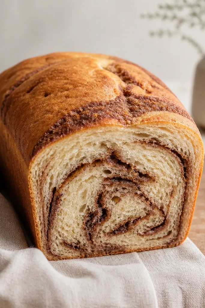A loaf with a marbled cinnamon ribbon running down the center. The top is matte-golden with a few darker cinnamon streaks and a smooth dome.