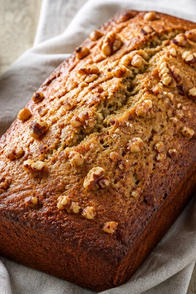 Banana bread with visible chopped walnuts scattered across the top like confetti, with a deep golden crust and a few toasted nut edges peeking through.