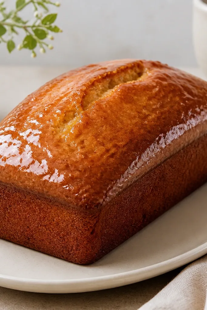 A loaf with a shiny, thin glaze on top that catches light in small highlights. The crust is medium golden with a slightly darker caramel sheen.