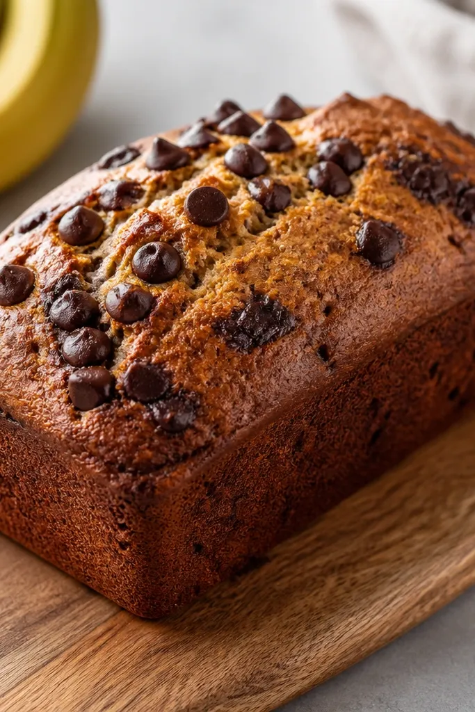 A banana bread loaf with dark chocolate chips clustered near the top edge and a few melted spots across the dome. The crust is golden with dark specks.