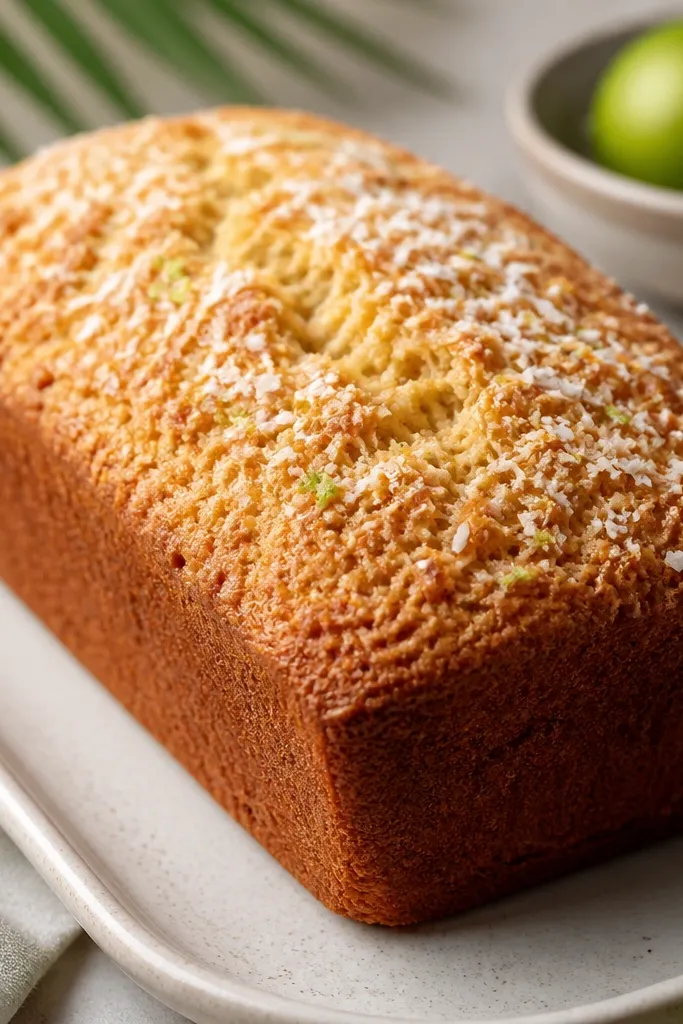 A warm golden loaf with a light dusting of shredded coconut and faint green zest flecks. The top looks dry and textured, not wet.