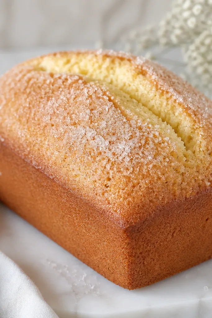A loaf with a pale golden crust and visible sugar crystals on top. Tiny black vanilla specks are scattered across the dome.