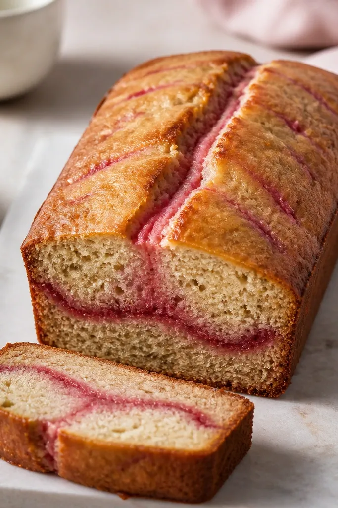 A banana bread loaf with a pink-red ribbon that curves through the center and faint streaks across the top. The crust is golden with blush-colored lines.