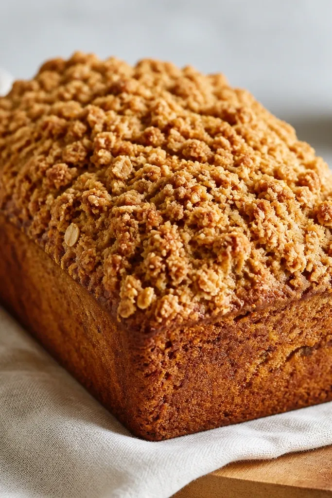 A loaf with a thick, crumbly streusel layer across the top. The crumbs look toasted and golden-brown with visible oat flakes.