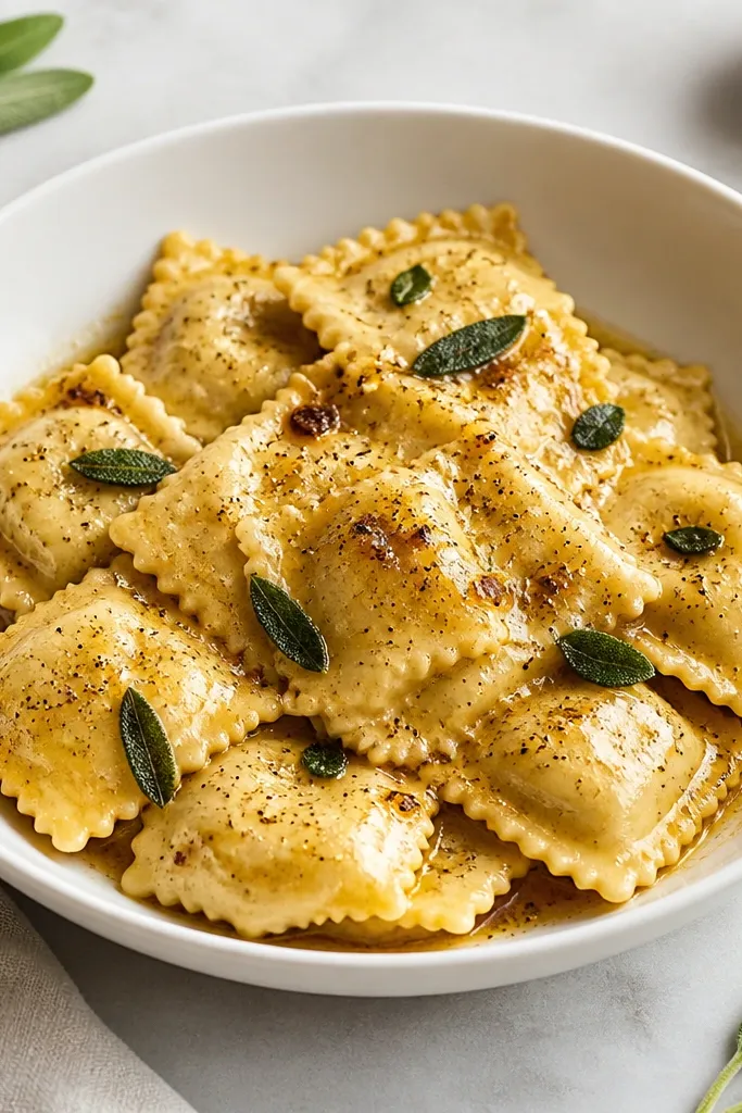 A white bowl of cheese ravioli coated in a glossy golden-brown sauce with small sage leaf pieces, a few browned butter flecks, and a dusting of black pepper on top.