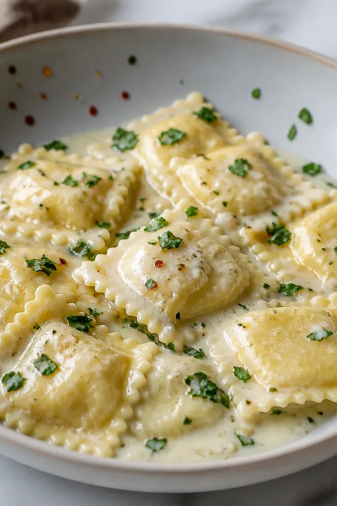 Cheese ravioli in a pale creamy sauce, lightly speckled with garlic, with a scattering of chopped parsley and a few pepper flakes on the rim of the bowl.