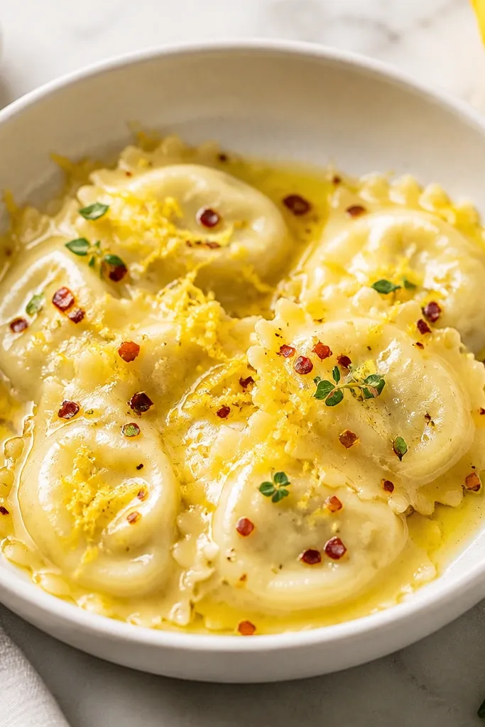 Ravioli drizzled with bright golden olive oil, with visible chili flakes, lemon zest, and glossy highlights; the bowl has a bright, fresh look.