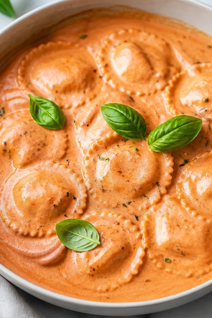 A pink-orange creamy sauce coating ravioli, with a smooth swirl pattern from stirring and a few basil leaves placed on top.