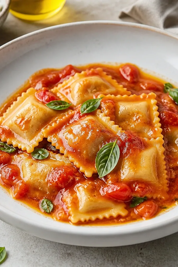 Ravioli in a glossy red sauce with visible tomato bits, small basil leaves, and a light butter sheen along the edges of the bowl.