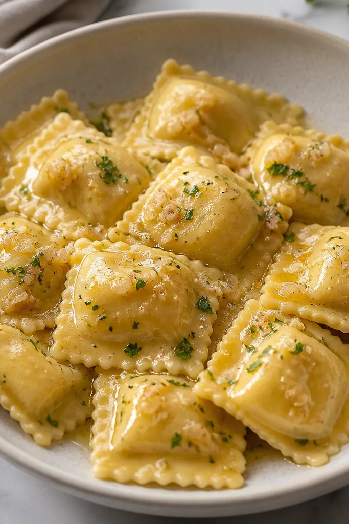 Cheese ravioli coated in a light golden sauce with tiny garlic pieces, a few parsley flakes, and subtle steam sheen on the surface.