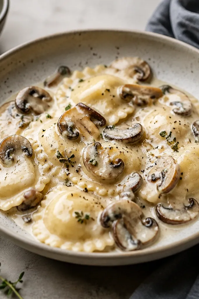 Ravioli covered in a creamy mushroom sauce with browned mushroom slices, a few thyme leaves, and pepper speckles.