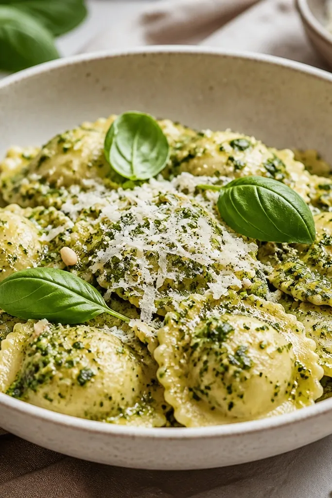 Ravioli tossed in green pesto sauce with visible basil and pine nut flecks, topped with Parmesan snow-like shavings and a few whole basil leaves.