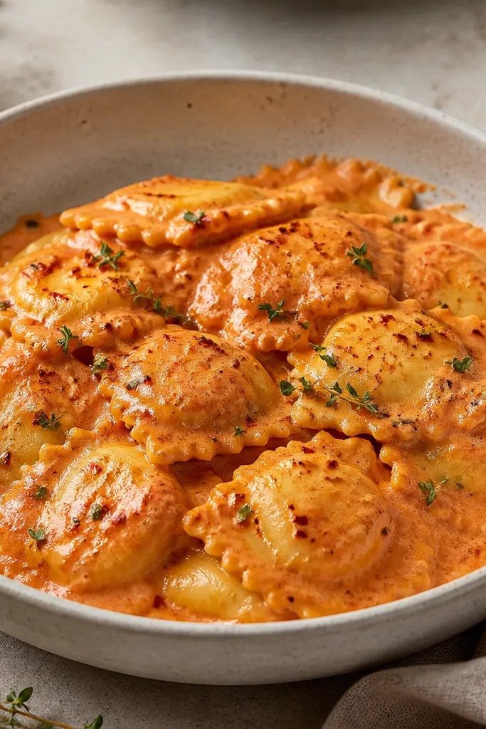 Ravioli coated in a creamy tomato sauce with a warm orange-red tone, tiny red pepper flakes, and a light dusting of smoked paprika on top.