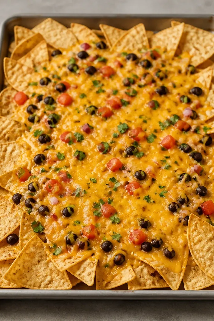 A sheet tray of nachos where the cheese is melted in a bright yellow layer, with a clean outer ring of chips left more visible than the center.