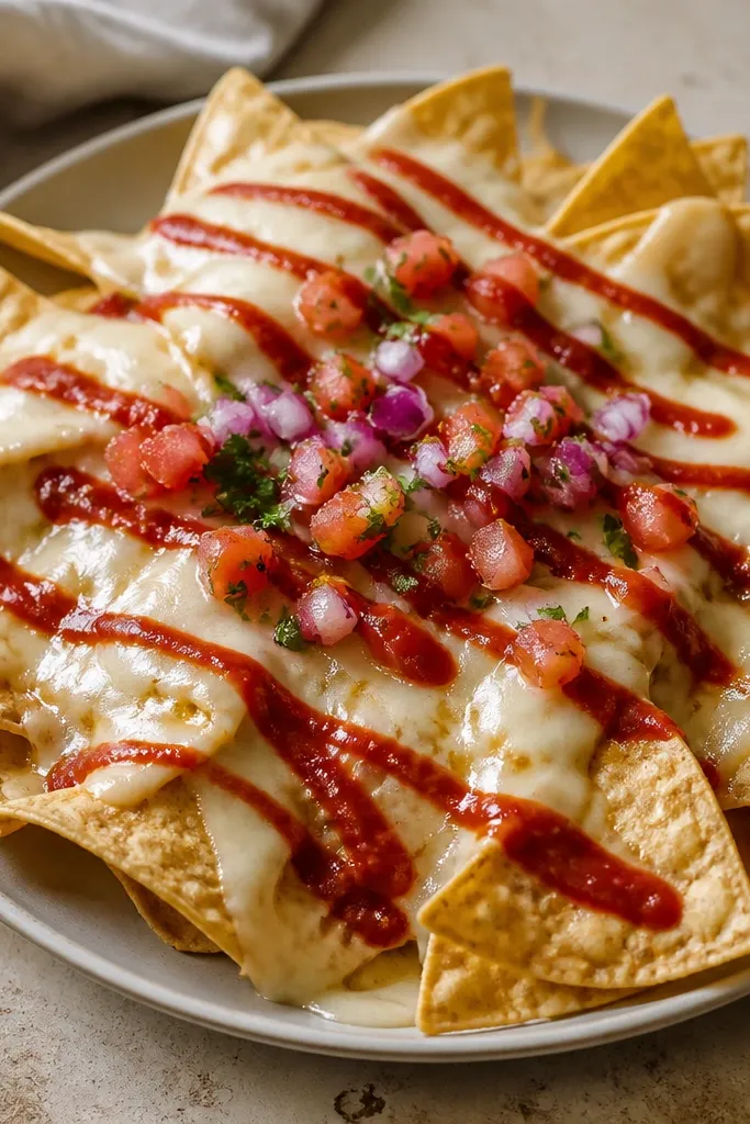 Nachos with thin, deliberate red salsa lines across the melted cheese, like paint strokes, plus small dots of pico near the center.