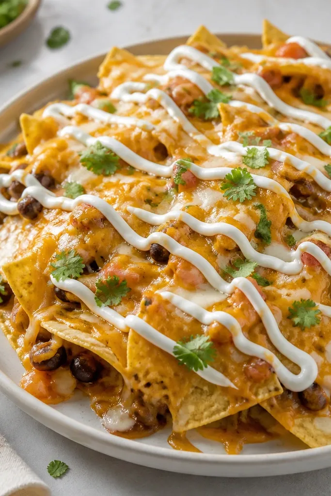 White crema swirled on top of nachos in thin zigzags, with melted cheese visible underneath and green cilantro sprinkled around.