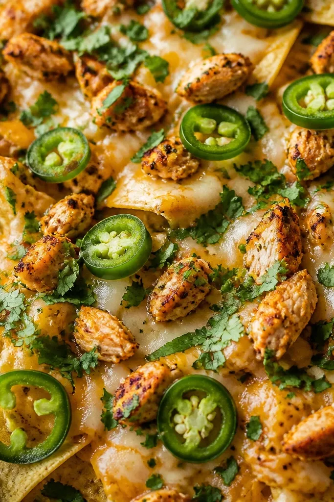 Green jalapeño rings and chopped cilantro sprinkled across the nachos like confetti, with melted cheese and chicken visible in the background.