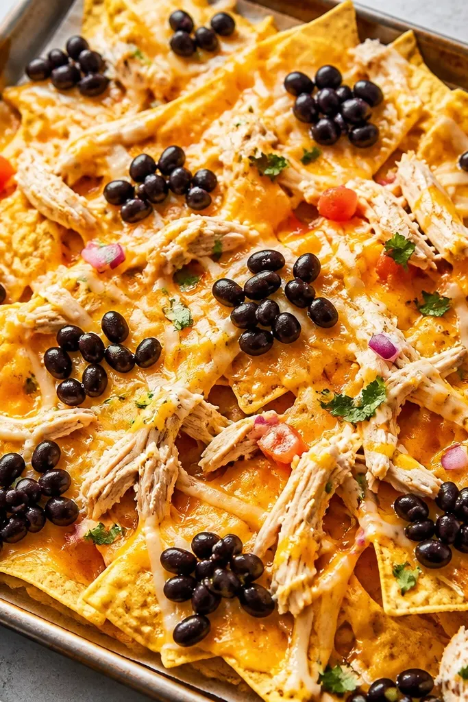 Black beans placed in small clusters that look like starbursts across the nachos, with bright cheese shine and scattered chicken shreds.