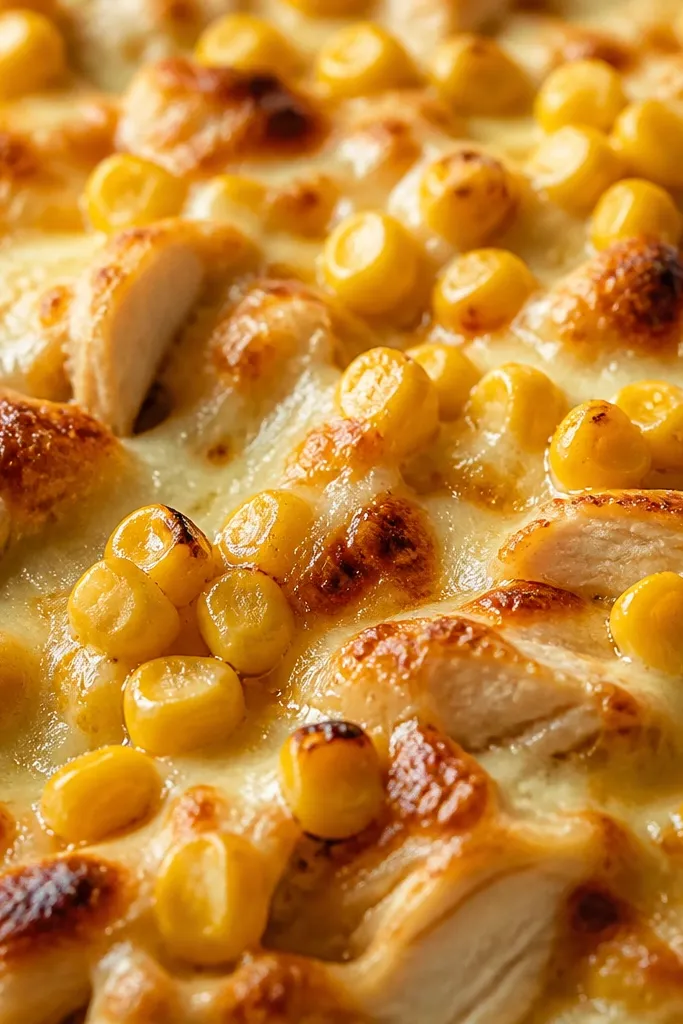 Yellow corn kernels scattered in small pockets with slightly browned edges, sitting on melted cheese and chicken.