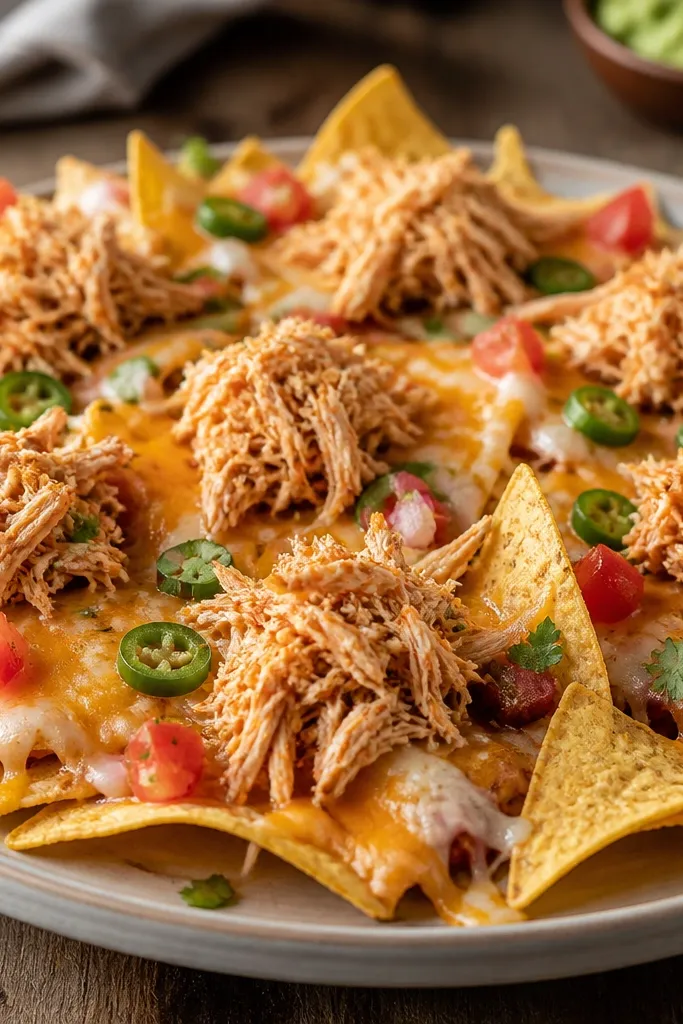 Chicken shreds piled in small mounds across the nachos, leaving visible chips and cheese gaps between the mounds.