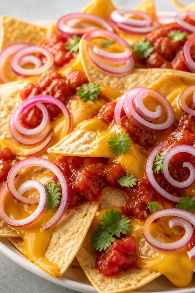 Thin magenta onion slices curled into pinwheels scattered over the nachos, with bright red salsa and yellow cheese beneath.