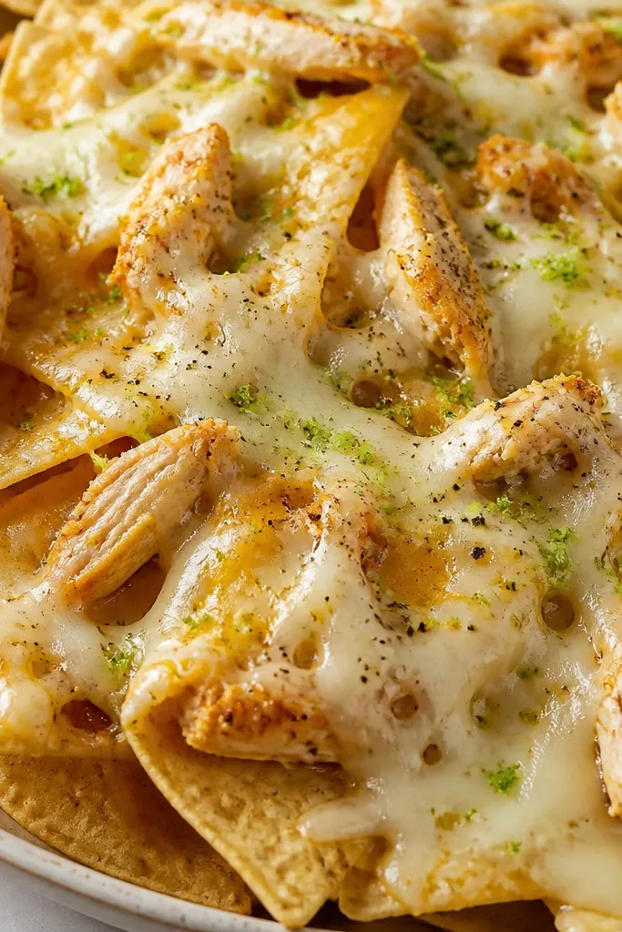 A close view of nachos with tiny flecks of black pepper and visible lime zest over melted cheese and chicken.