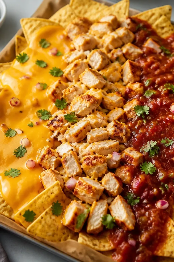 Nachos with two distinct sauce zones: orange queso sauce in one half and red salsa in the other, with chicken and cheese bridging the middle.