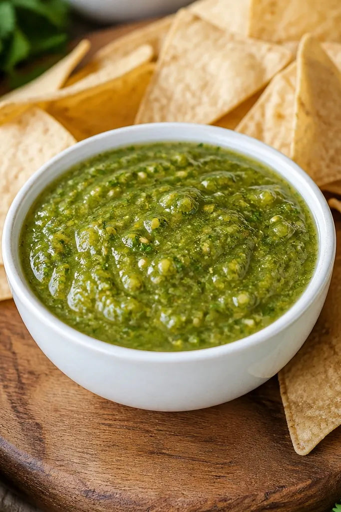 A small white ceramic bowl filled with thick salsa verde, vivid green with visible cilantro flecks and tiny roasted tomatillo bits, surrounded by tortilla chips on a wooden board.