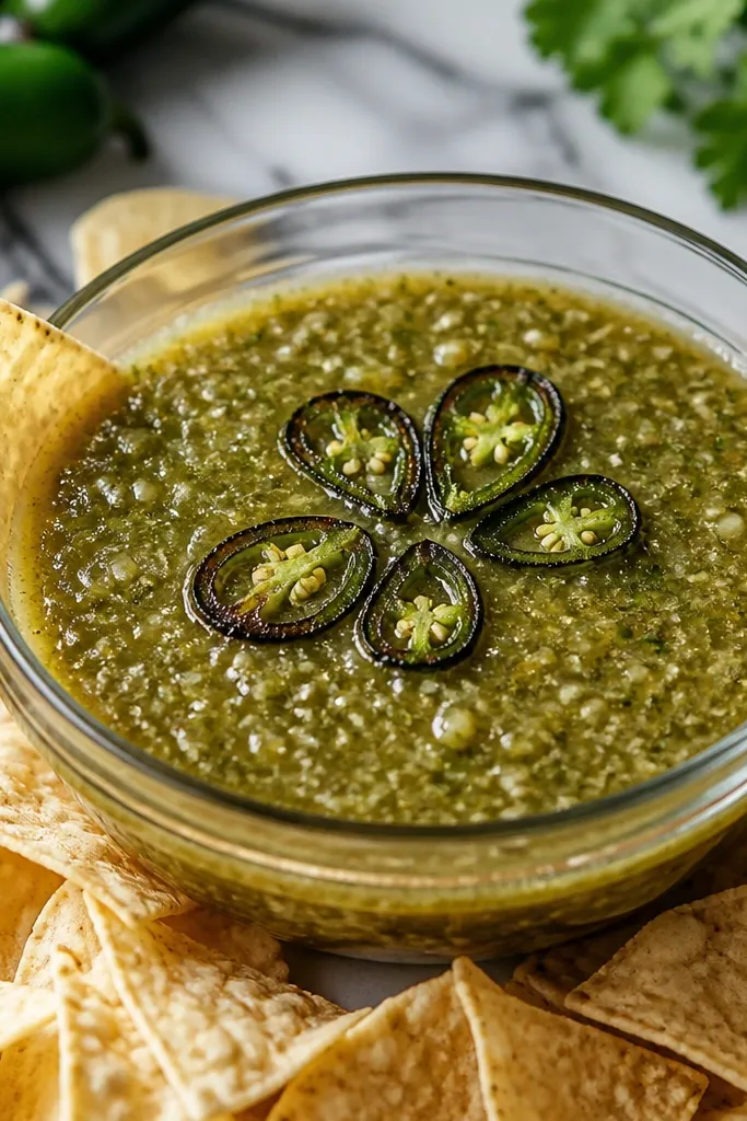 A clear glass bowl of salsa verde with a few thin slices of charred jalapeño laid on the surface like a small starburst, with chips leaning against the bowl.