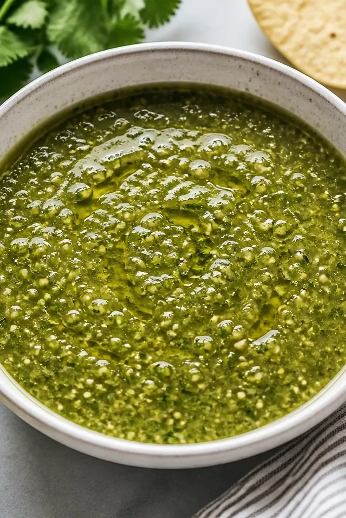 Salsa verde with tiny pale-gold onion and garlic bits visible throughout, set in a shallow bowl with a drizzle of olive oil catching the light.