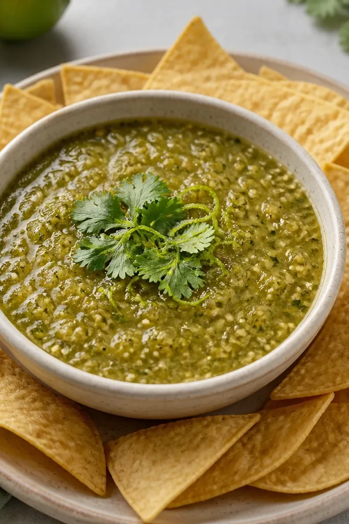 A bowl of salsa verde topped with a small cluster of whole cilantro leaves and a few lime zest curls, with chips arranged neatly around the rim.
