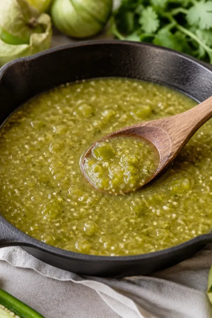 A cast-iron skillet holding salsa verde, with a wooden spoon resting inside and visible chunky tomatillo pieces suspended in the green sauce.