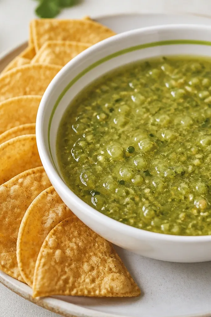 Salsa verde in a white bowl with a thin lime-green drizzle around the inside rim, chips stacked in a tidy line beside it.