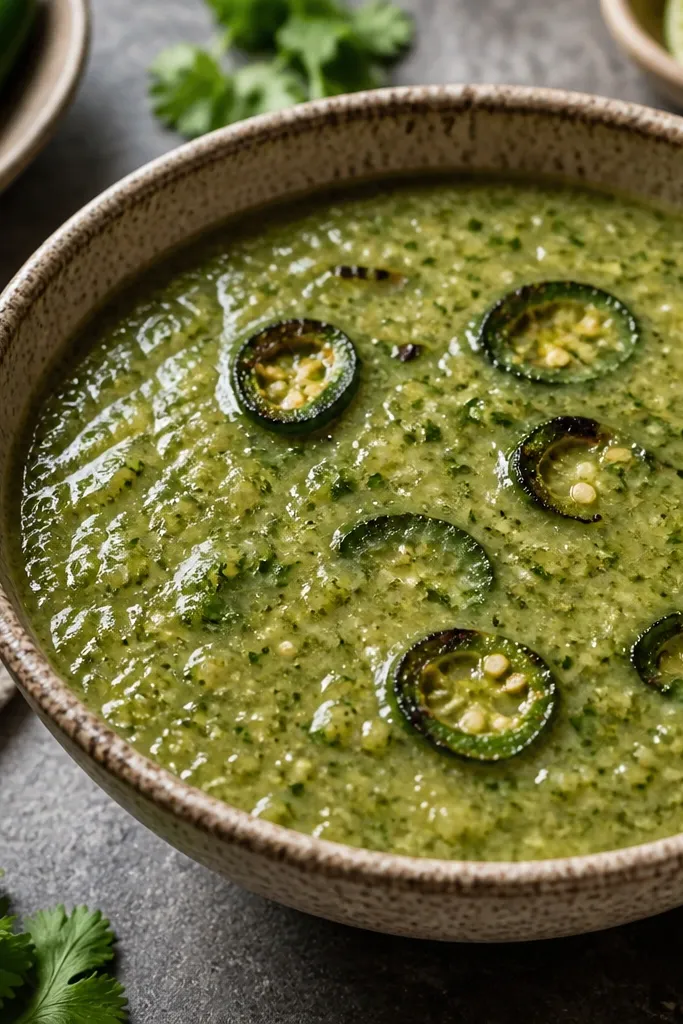 Salsa verde with darker green streaks and lighter green body, with a few charred serrano slices visible on the surface.