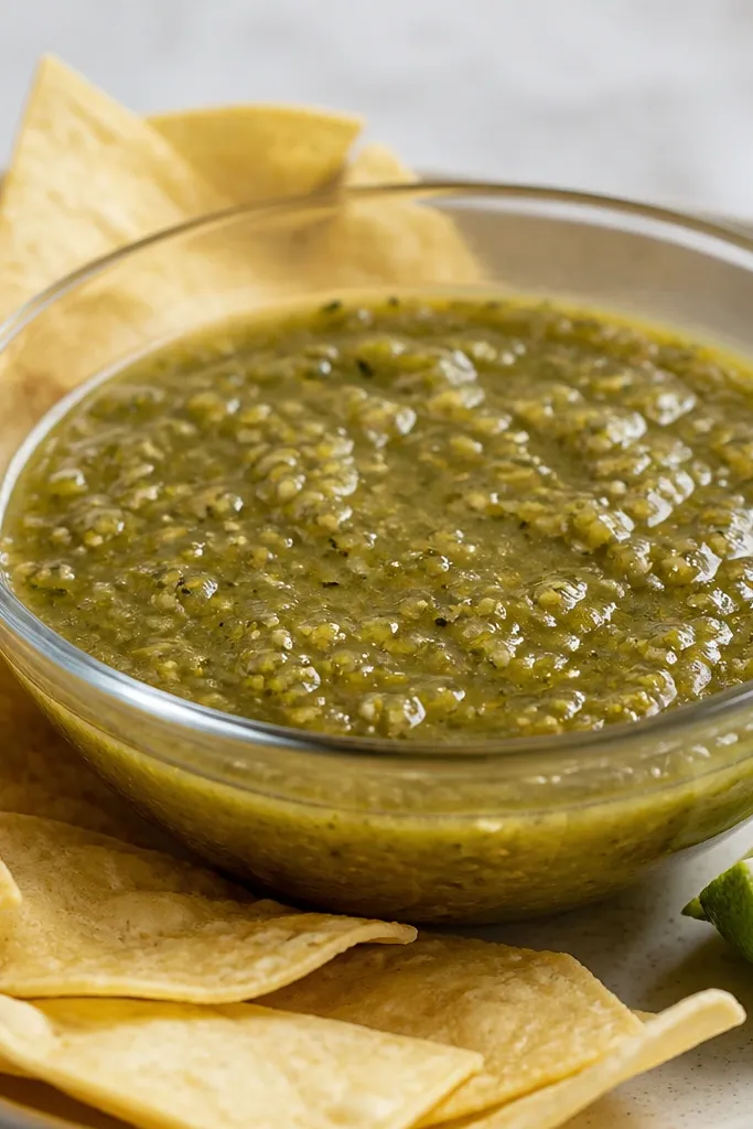 A glass bowl of salsa verde that looks thick and glossy, slightly darker at the edges from chilling, served with cold chips and a lemon-lime wedge on the side.