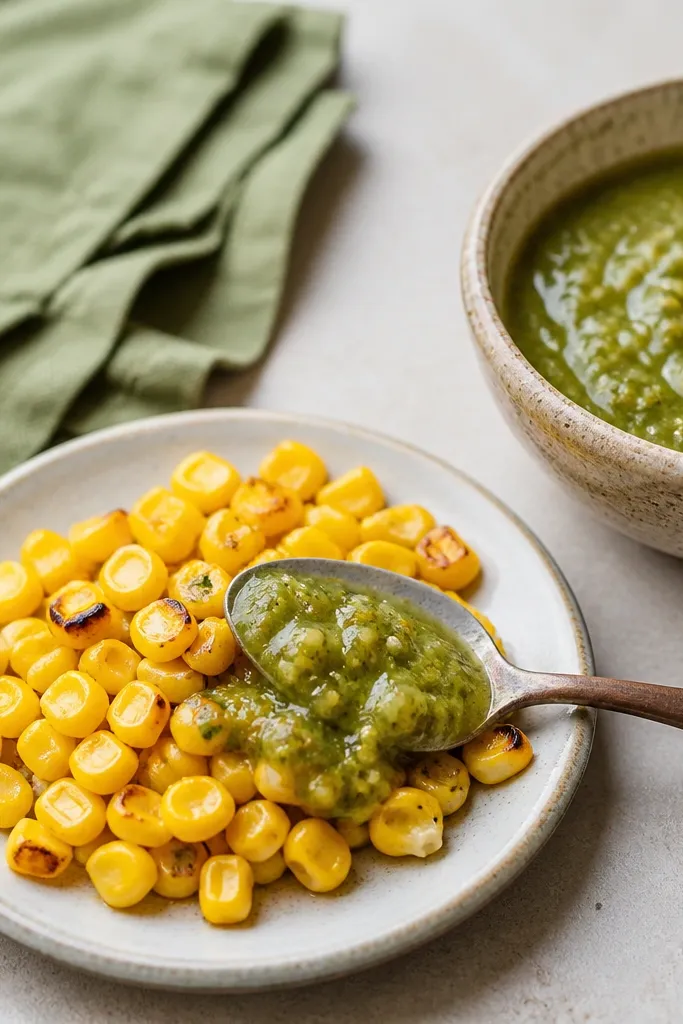A small side plate with grilled corn kernels next to a bowl of salsa verde, with a spoonful of salsa draped over corn.