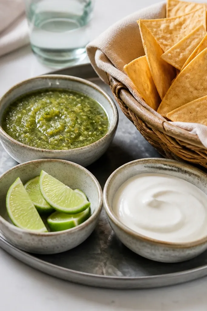 A metal tray with three small bowls: salsa verde, lime wedges, and crema, all arranged neatly with chips in a basket at one side.