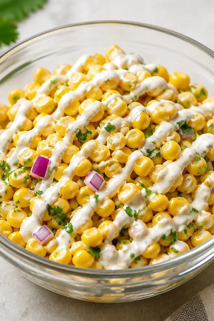 A clear glass bowl filled with yellow corn kernels. A white crema is drizzled in thin ribbons across the top, with visible green cilantro flecks and small red onion cubes.