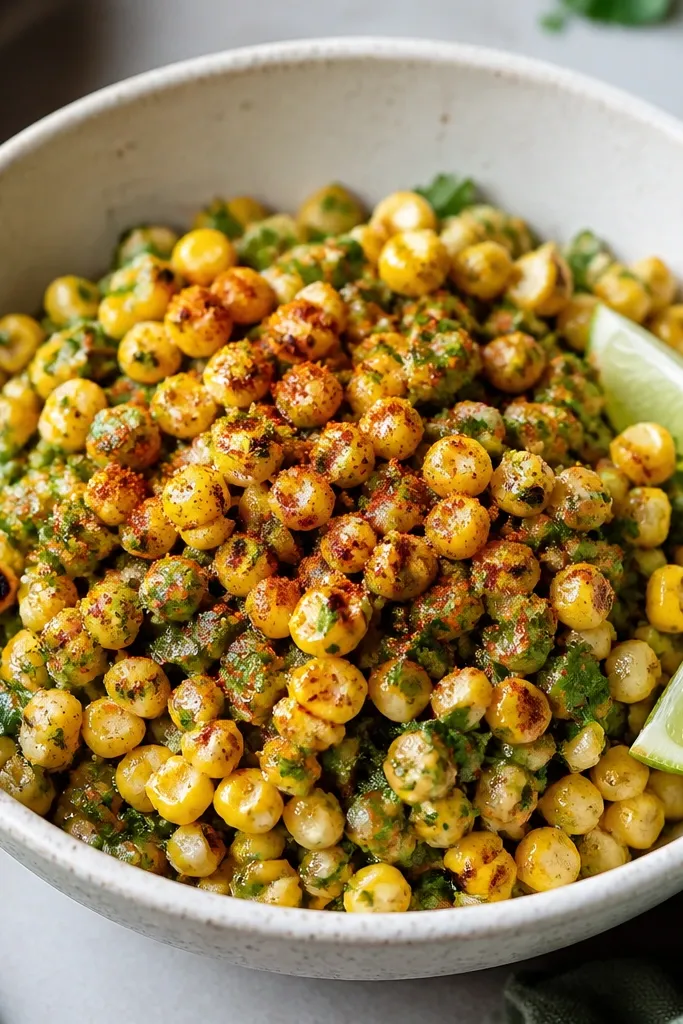 Corn that has darker brown char spots mixed into a green-speckled salsa. Lime wedges sit on the side of the bowl, and a sprinkle of chili powder forms a visible dusting over the top.