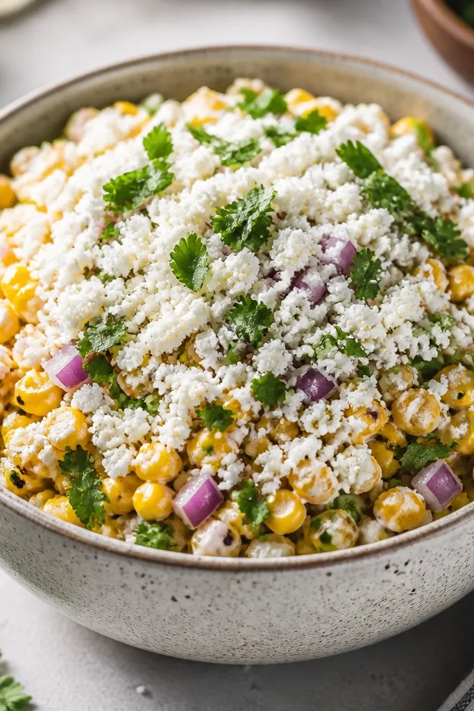 A bowl where white cotija crumbles sit heavily on top like snow. Corn is bright yellow, onion is pinkish-purple, and cilantro is scattered in small green piles.